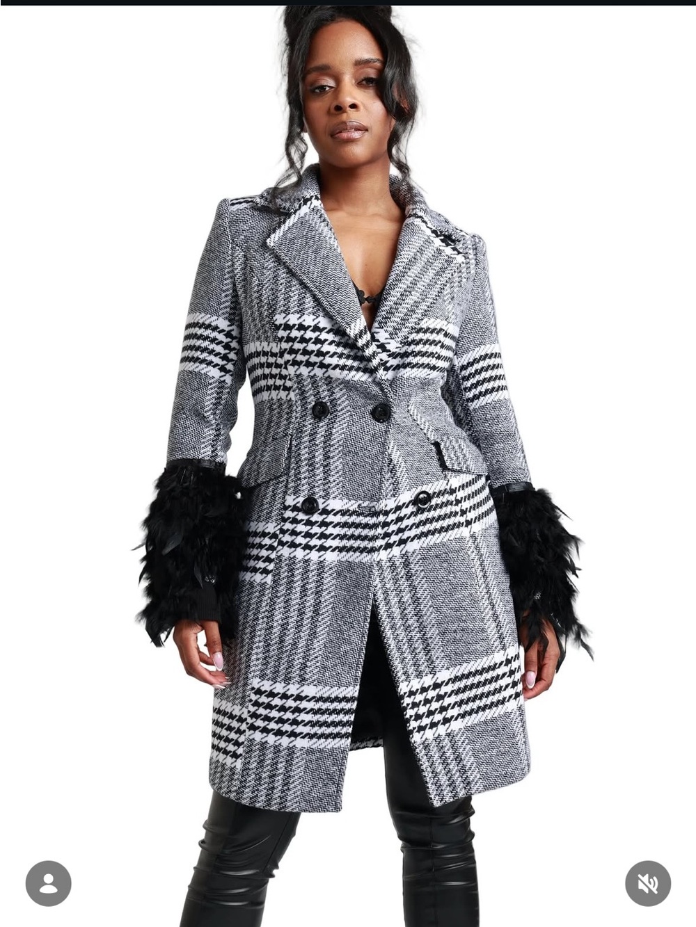 Black & White Plaid Double-Breasted Pea Coat with Feather Cuffs